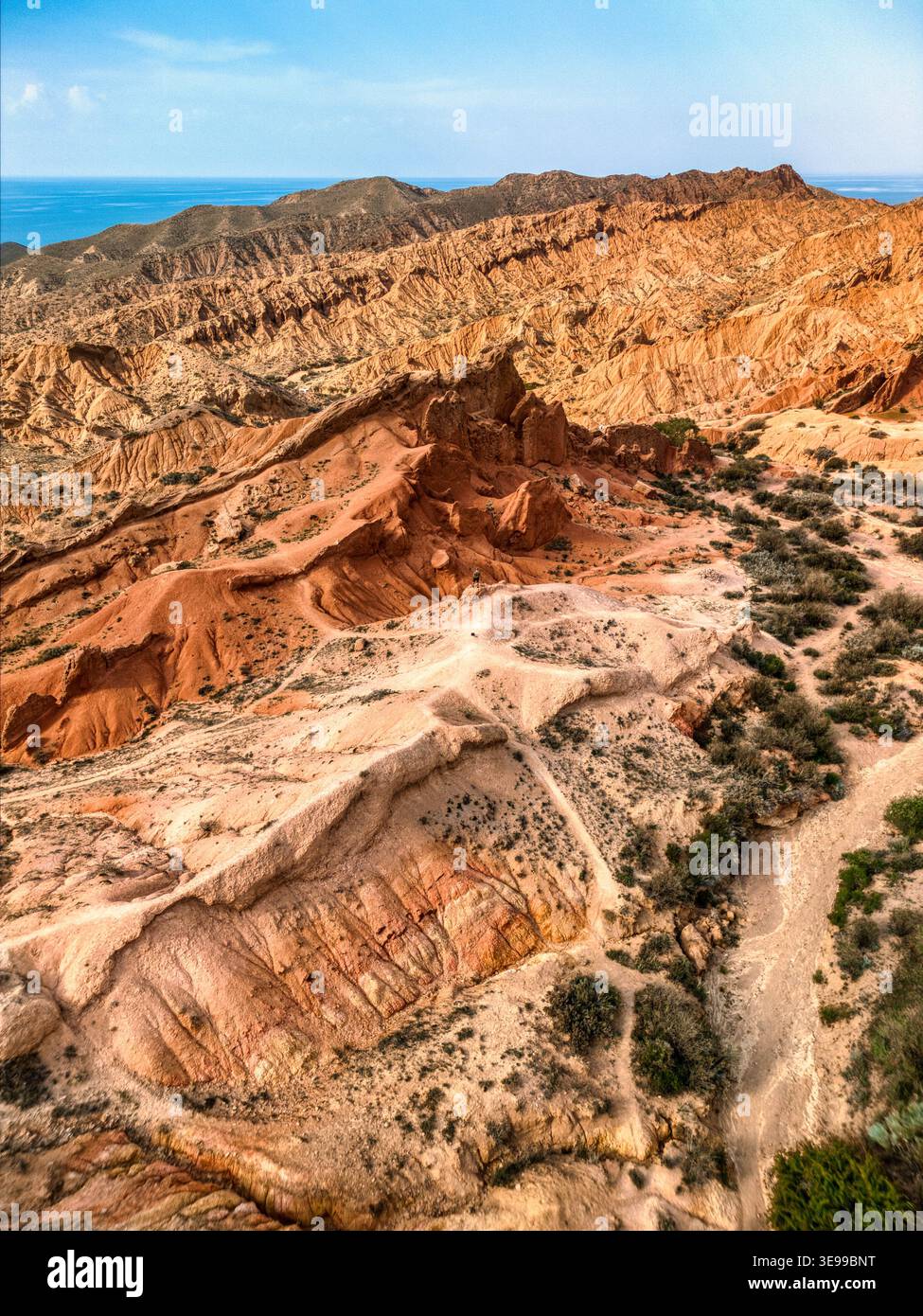 Aus der Vogelperspektive auf die roten Sandsteinformationen des Skazka Canyon mit zerklüfteten Graten und das blaue Wasser des Issyk-Kul Sees im Hintergrund nahe Tosor Stockfoto