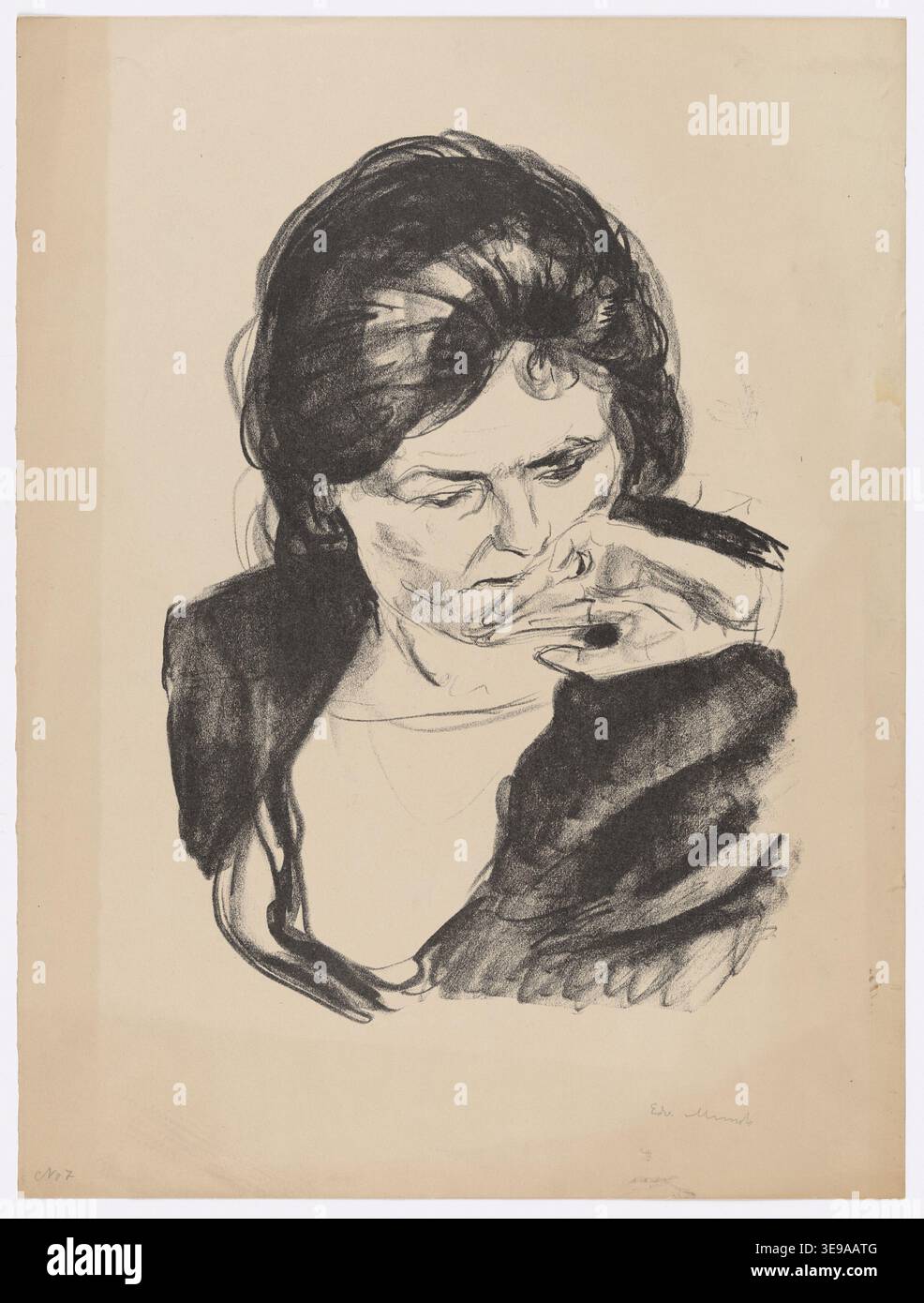 Edvard Munch (1863–1944) war ein bekannter norwegischer Expressionist, der für seine Darstellung der menschlichen Situation bekannt war. Dieser Archivdruck aus dem Munch Museum zeigt seine charakteristische Darstellung der psychischen Angst und der Komplexität menschlicher Emotionen. Stockfoto