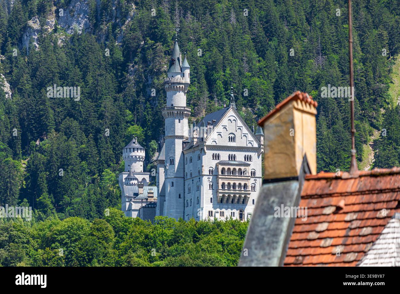 Schloss Neuschwanstein in Bayern, Deutschland, eine der berühmtesten Schlösser Europas. Malerischer Blick auf das historische Wahrzeichen, umgeben von Wald. Stockfoto