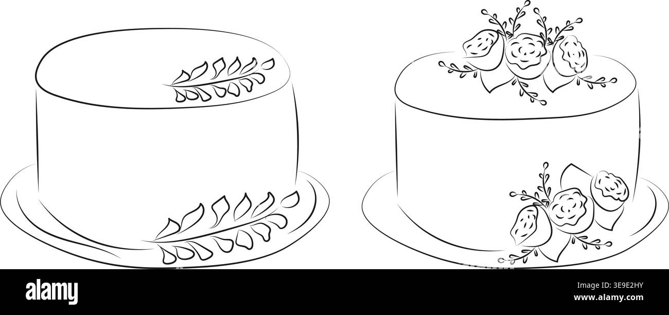 Elegante Linienkunst mit zwei dekorierten Kuchen auf Tellern. Minimale Dessert-Illustration, perfekt zum Ausmalen von Seiten, Logos für Gebäck, Branding für Bäckerei und Rezept b Stock Vektor
