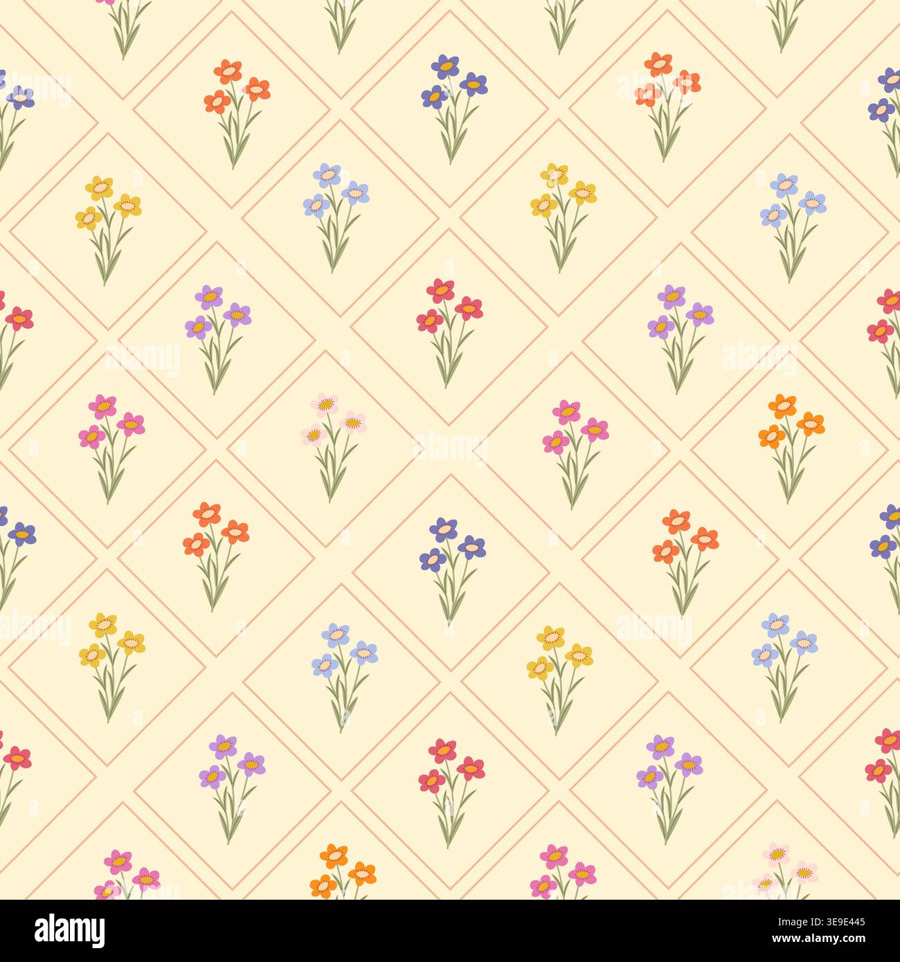 Nahtloses Retro-Blumenmuster mit bunten kleinen Blumen in einem Diamantgitter auf hellem Hintergrund. Vintage-Tapeten oder Stoffmuster. Vektorillustrat Stock Vektor