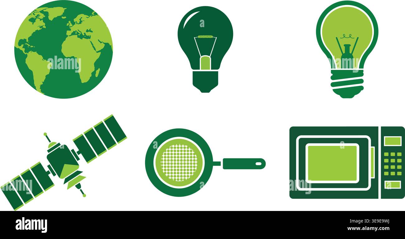Technologie und Wissenschaft Vektor-Icon Set mit Satelliten Glühbirne Mikrowelle und Globe Stock Vektor