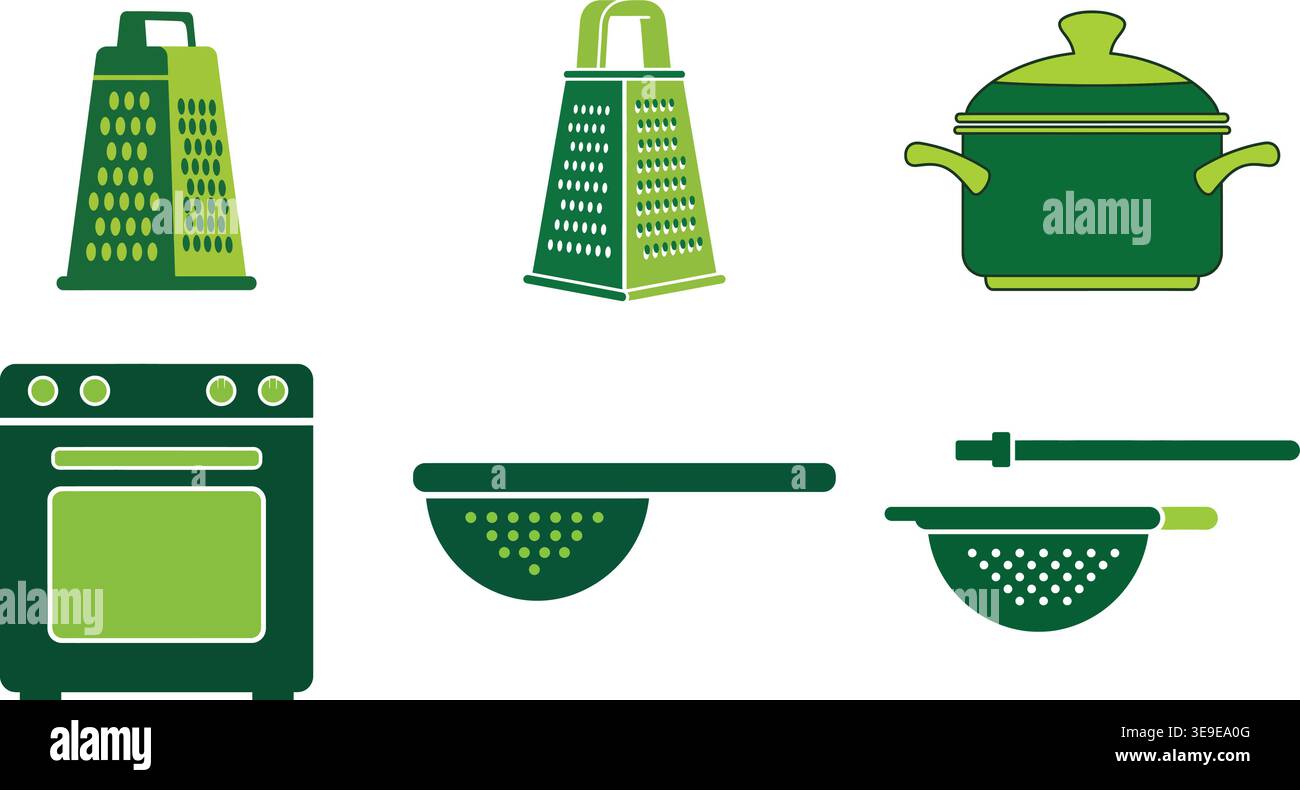 Essential Küchengeschirr und Kochutensilien Icon Set mit Reibe Kochtopf und Ofen Stock Vektor