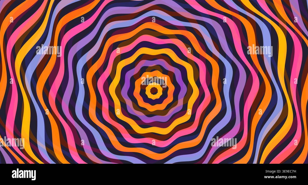 Funky psychedelische Vektor geometrischer Hintergrund mit verzerrten Wellenlinien, groovige optische Illusionsmuster für Musikfestivals Flyer und Poster Stock Vektor