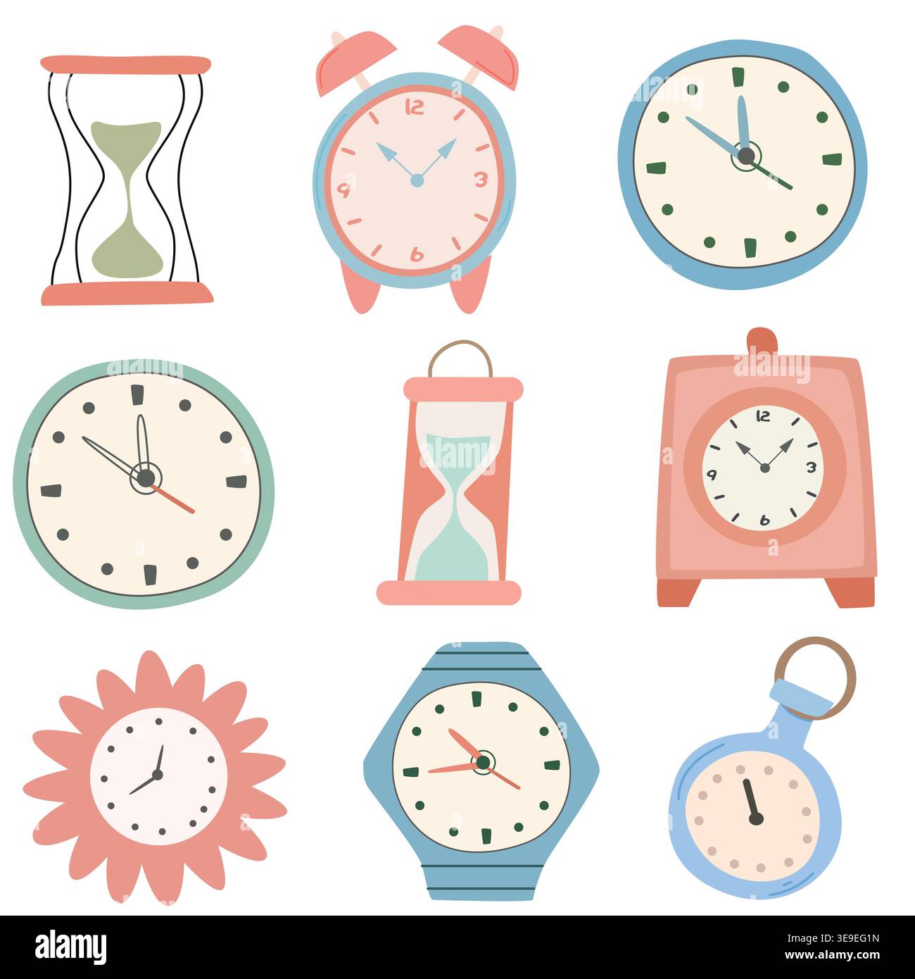 Sammlung verschiedener Uhren und Timer, einschließlich Sanduhr, Wecker, Wanduhr und Taschenuhr in einem farbenfrohen, verspielten Illustrationsstil auf einem Stock Vektor