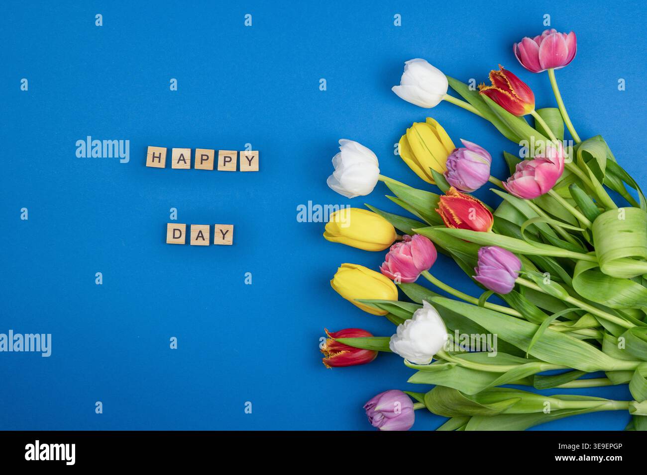 Happy Day Text Holzbuchstaben Hintergrund. Tulpen Blumenstrauß in blauer Farbe. Wörter in der Draufsicht. Mehrfarbige Blütenknospen Stockfoto