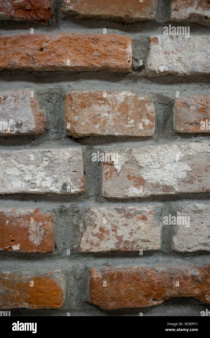Strukturierte Ziegelwand mit einer Mischung aus roten und grauen Ziegeln mit sichtbaren Mörtelfugen und variierenden Oberflächen Stockfoto
