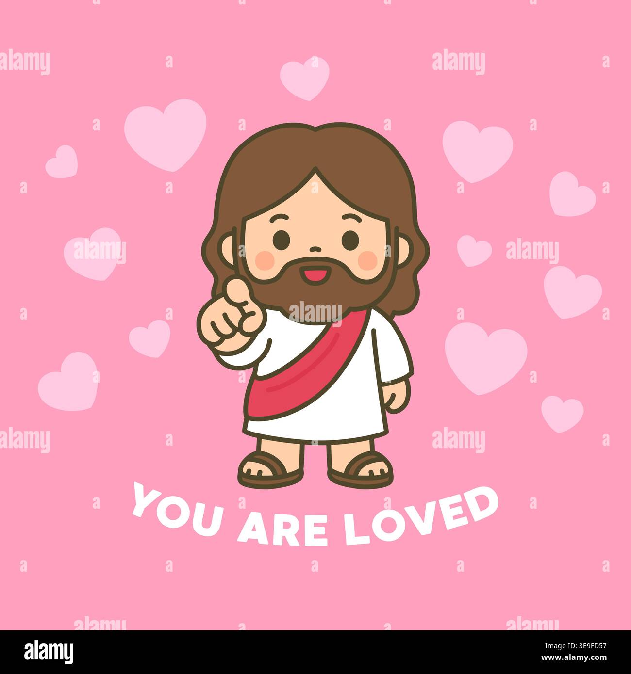 Netter Jesus umgeben von rosa Herzen, die mit Ihnen zeigen sind geliebte Nachricht Vektor-Illustration Stock Vektor
