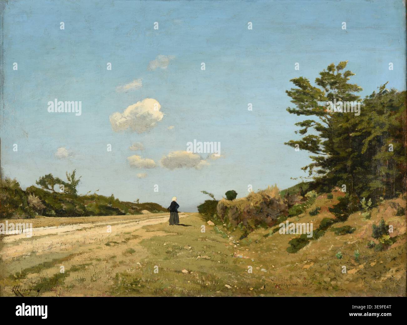 Henri Harpignies (1819–1916) war ein französischer Landschaftskünstler, der für seine Darstellungen von Naturszenen bekannt war. De Saint-Privé à Blénéau. Souvenir de l'Yonne (1885) fängt eine Landsfrau ein, die auf einem grasbewachsenen Weg entlang eines erhöhten Damms geht und an die friedliche Schönheit des ländlichen Lebens in der Region Yonne erinnert. Das Archivfoto bewahrt das Öl auf der Leinwand. Stockfoto