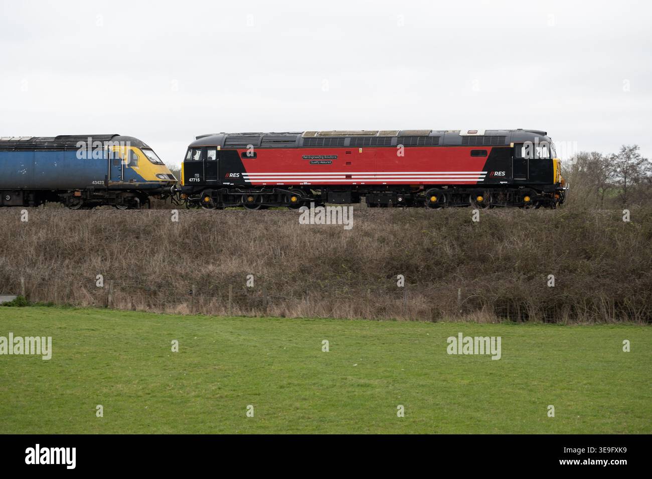 RES-Diesellokomotive der Baureihe 47 Nr. 47715 „Rail Engineering Solutions Quality Assured“, Warwickshire, Großbritannien Stockfoto