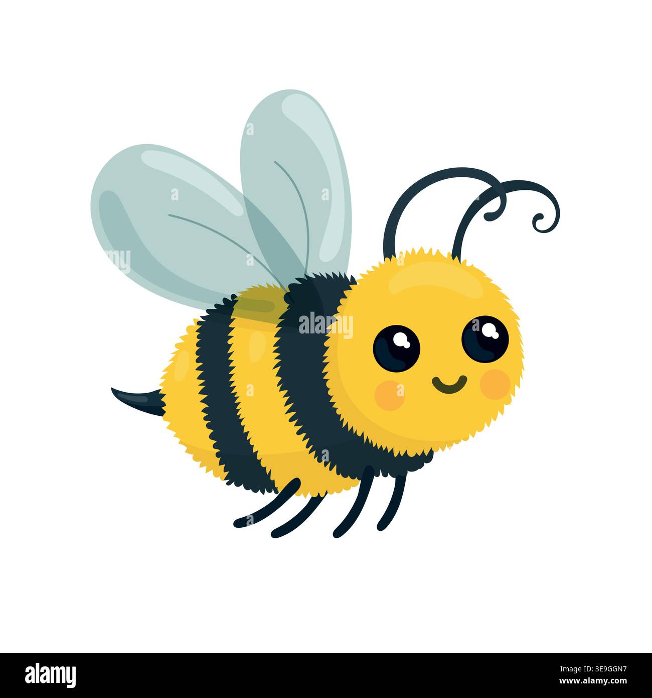 Niedlicher Cartoon Hummel Charakter mit flauschigem Körper und Flügeln, entzückende Bienenillustration, kindliches Design, flacher Vektor isoliert auf weißem Hintergrund. Stock Vektor