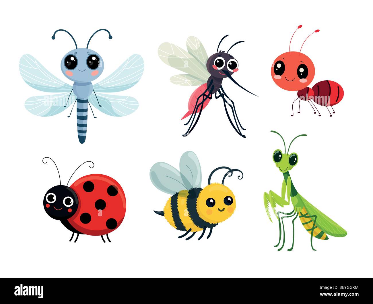 Niedliche Zeichentrickinsekten. Libelle, Mücke, Ameise, Marienkäfer, Biene und betende Mantis, entzückende Insektensammlung, flache Vektor-Illustration Stock Vektor