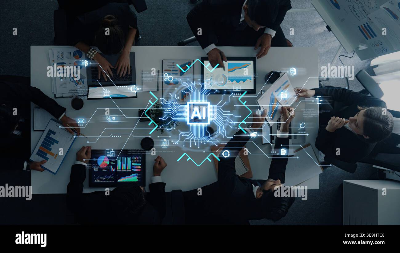Integrationskonzept für künstliche Intelligenz, das Apps, Datenströme und Automatisierung über Unternehmenssysteme und -Plattformen hinweg verbindet. Korpus Stockfoto