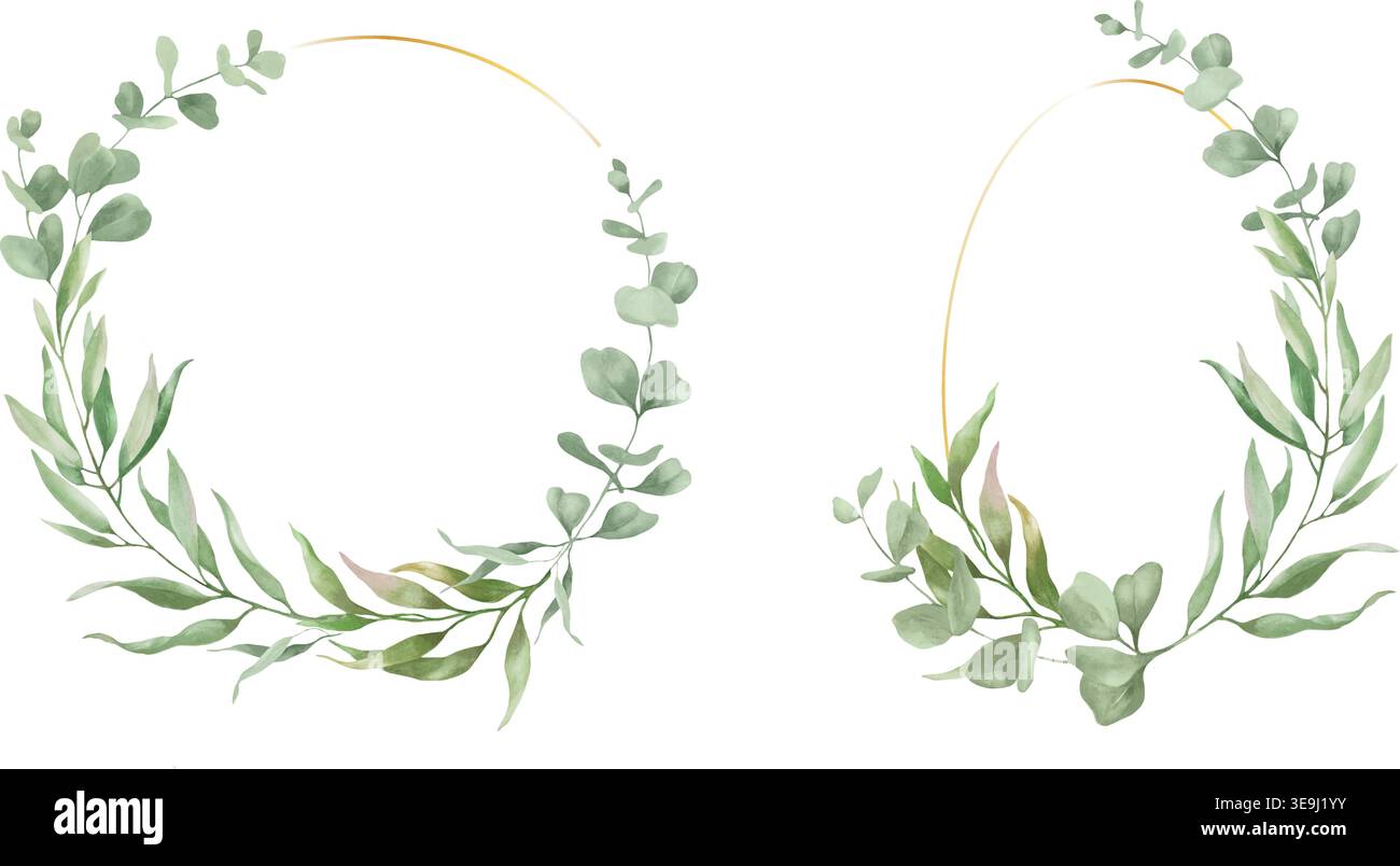 Eukalyptusrahmen in Aquarellfarben mit goldenen Rahmen. Handgemalter botanischer Grünkranz für Hochzeitseinladungen und -Karten. Vektor-EPS. Stock Vektor