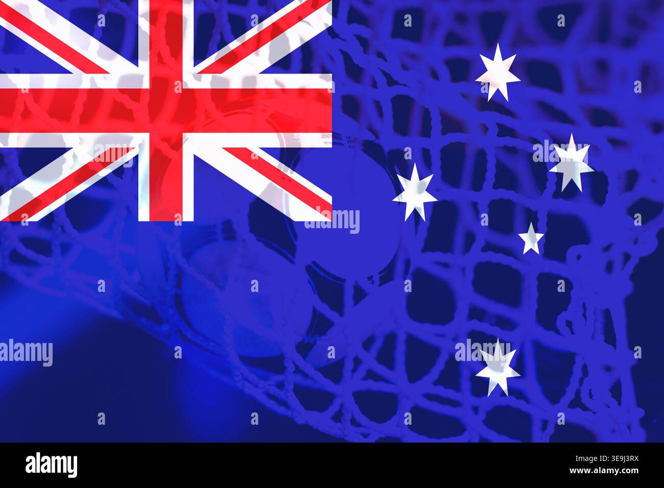 Hochwertige Illustration eines Fußballballs, der ein Tor mit der australischen Nationalflagge im Hintergrund erzielt. Dynamisches Sportkonzept für V Stockfoto