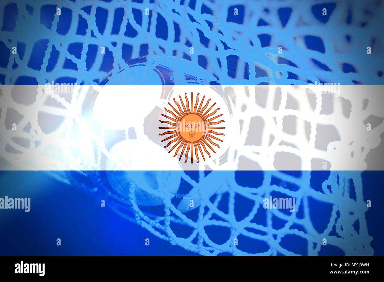 Hochwertige Illustration eines Fußballballs, der ein Tor mit der Nationalflagge Argentiniens im Hintergrund erzielt. Dynamisches Sportkonzept für V Stockfoto