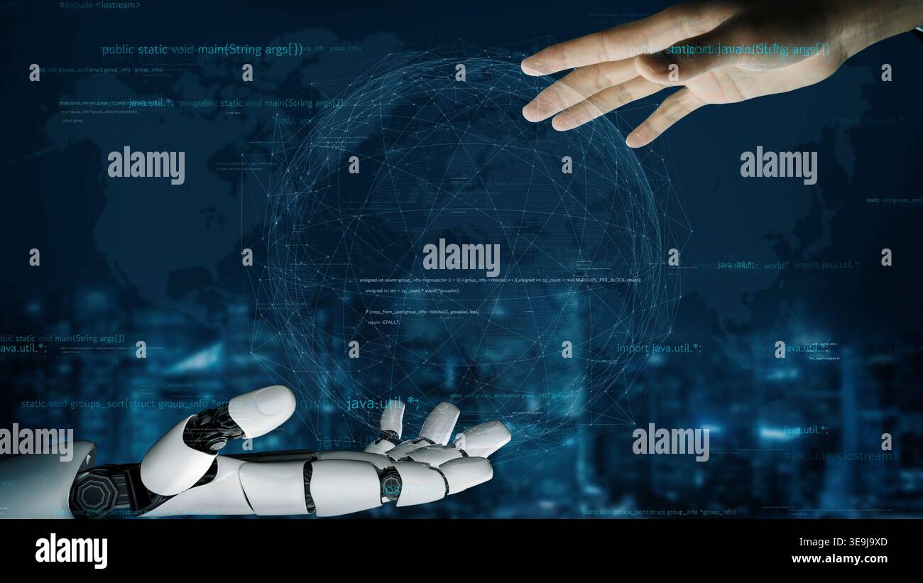 Ein eindrucksvolles Bild, das die Verbindung zwischen einer menschlichen Hand und einer Roboterhand darstellt und die Verschmelzung von Technologie und Menschheit in einer digitalen Hand symbolisiert Stockfoto