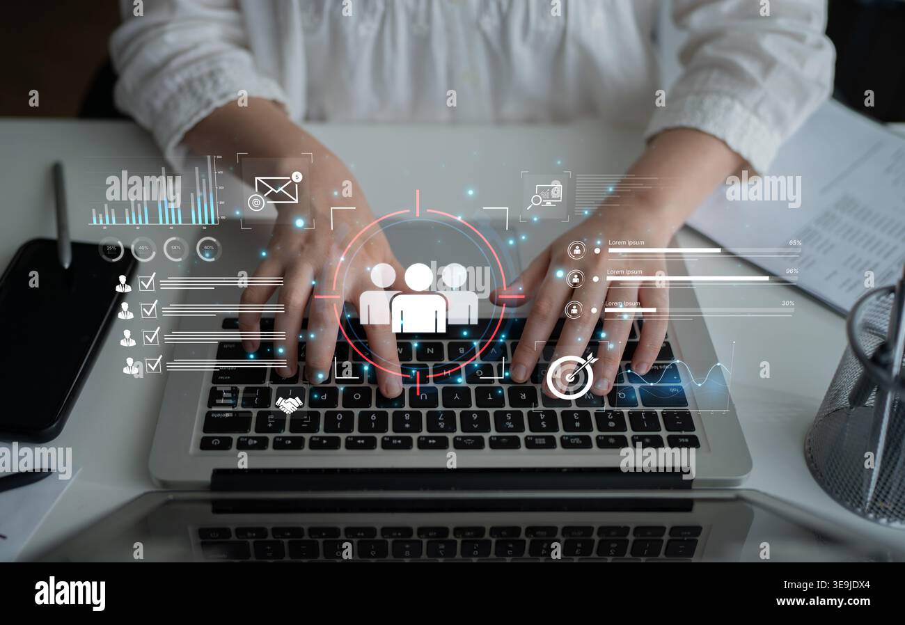 Ein Dashboard für das Customer Relationship Management (CRM). Die Datenanalyse und Marktforschung helfen dabei, eine Zielgruppe zu identifizieren und zu verstehen Stockfoto