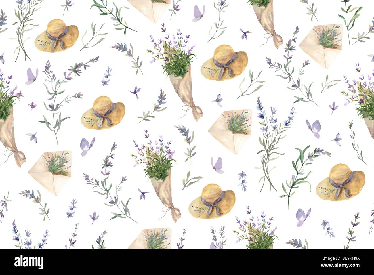 Nahtloses Lavendelmuster mit Strohhüten, Blumensträußen und Zweigen. Botanischer Provence-Stil mit Wiederholungsdruck für Sommertextilien, Vector. Stock Vektor
