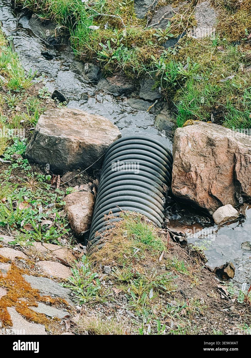 Gewelltes Abflussrohr, das Wasser unter einen kleinen Bach leitet, umgeben von Felsen, Gras und Boden. Ideal für Infrastruktur, Wasserwirtschaft Stockfoto