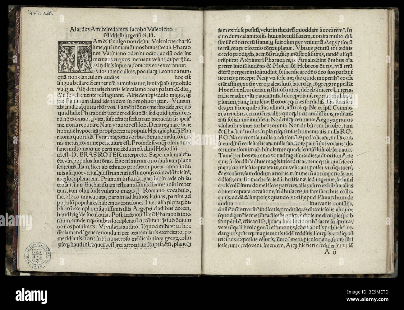 Alardus Amstelredamus (1491–1544) war ein niederländischer Humanist. Der historische Fotodruck dokumentiert seine 1523 erschienene Publikation über das Pessach-Lamm und die zehn Plagen Ägyptens, gedruckt in Amsterdam. Stockfoto