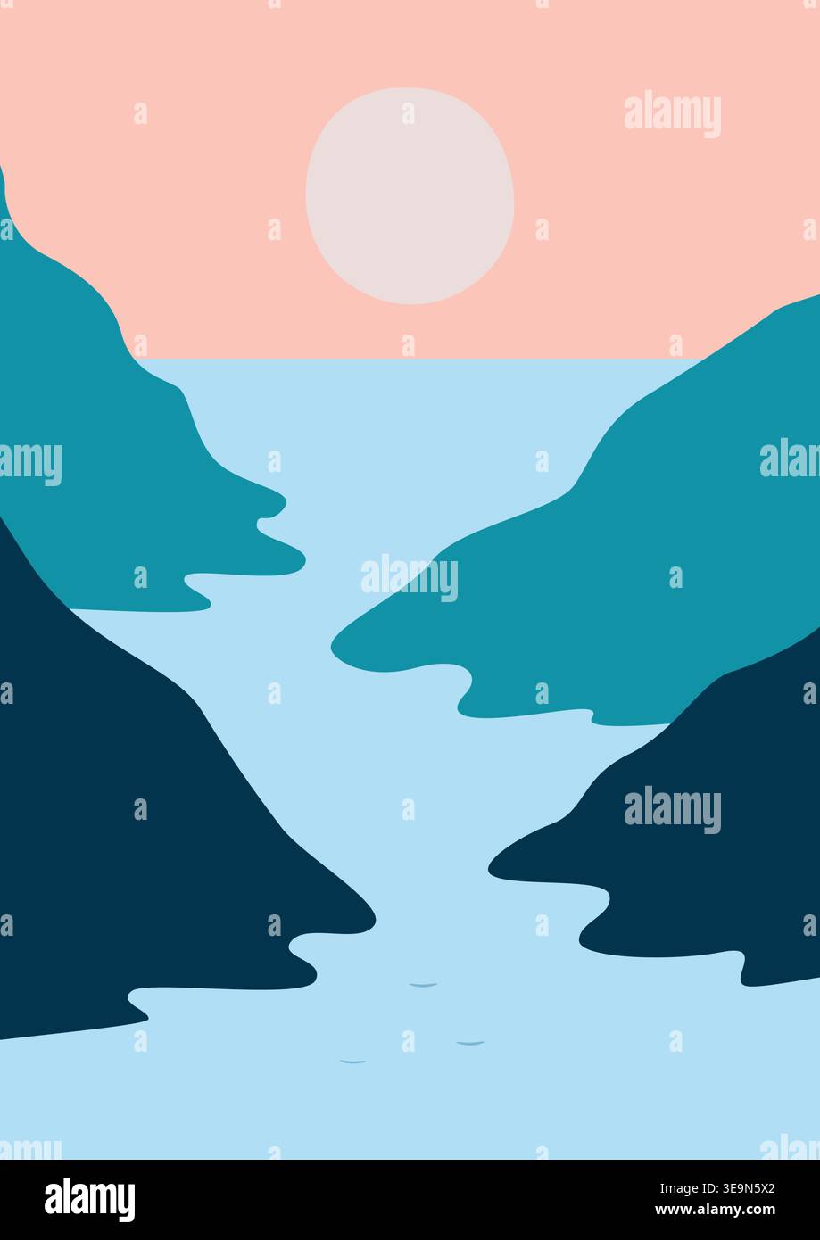 Landschaft eines Flusses in Berglandschaft. Panoramablick auf die Bergkette mit einem Fluss, der durch sie fließt. Vektor-Illustration der malerischen Landschaft Stock Vektor