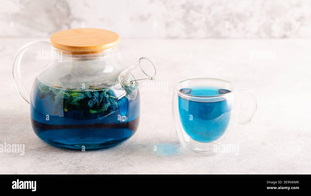 Bio-Blautee Anchan, Clitoria, Schmetterlingserbse. Stockfoto
