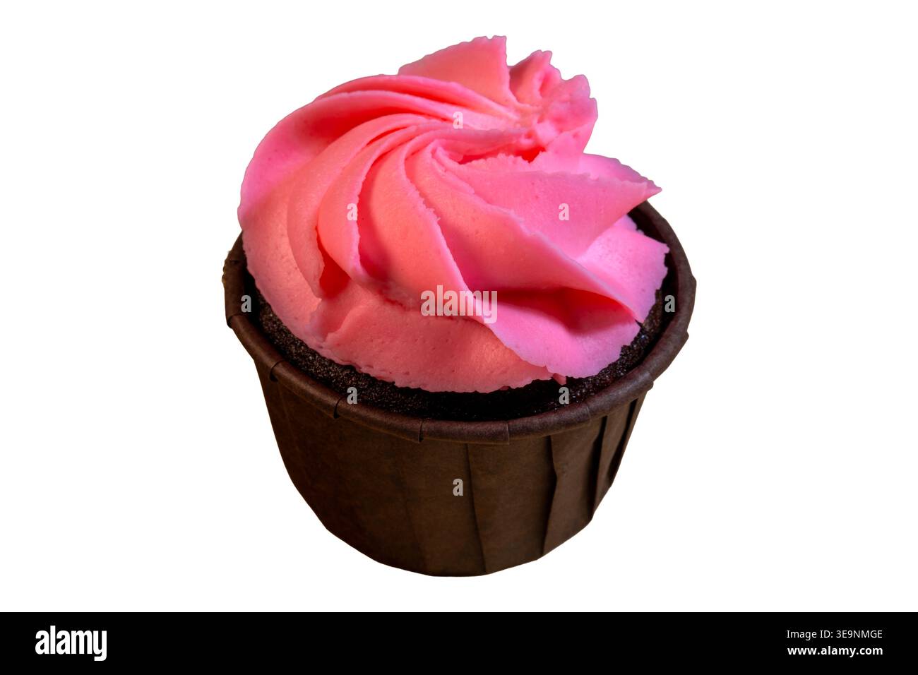 Schokoladen-Cupcake mit leuchtendem rosafarbenem Zuckerguss, Fotos von Dessert-Speisen Stockfoto