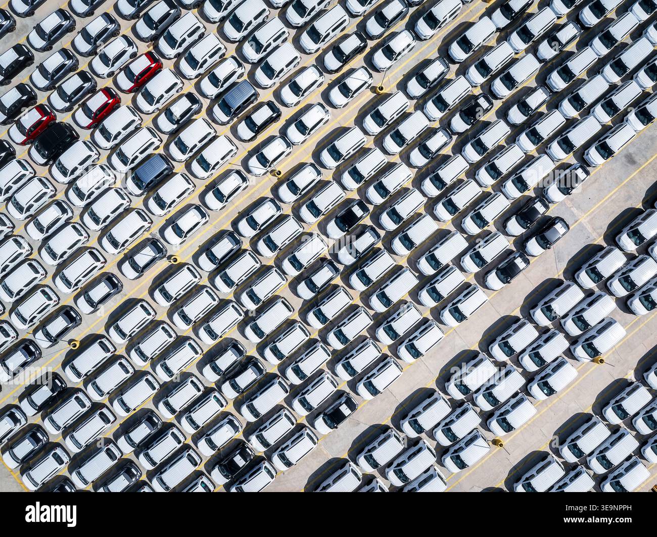 Luftaufnahme von oben nach unten auf Reihen neuer Autos, die an einem Hafen eines gewerblichen Terminals für den Export bereit sind Stockfoto