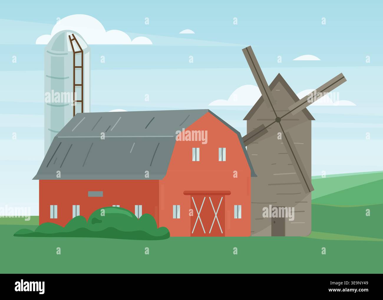Flache Vektor-Illustration einer traditionellen roten Scheune, eines hohen Getreidesilo und einer Steinwindmühle auf einer ländlichen grünen Landschaft. Stock Vektor