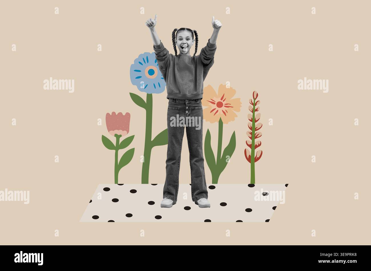 Mädchen, das mit Daumen nach oben auf einer Collage aus bunten Blumen und einem gepunkteten Hintergrund feiert Stockfoto