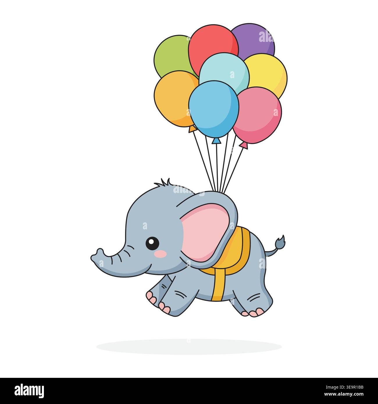 Entzückender Baby-Elefant, der mit bunten Ballons fliegt Gruppe professionelle Vektor-Illustration Stock Vektor