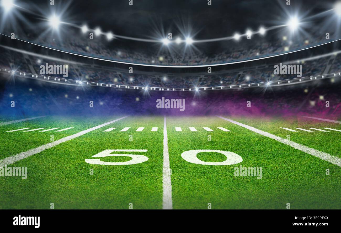 Green Field im american Football Stadion. Bereit für das Spiel im Mittelfeld Stockfoto