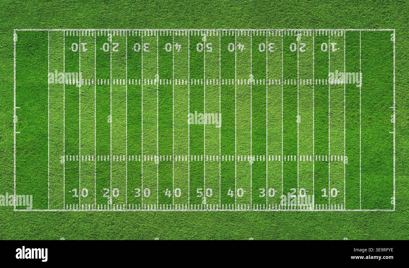 Green Field im american Football Stadion. Bereit für das Spiel im Mittelfeld Stockfoto