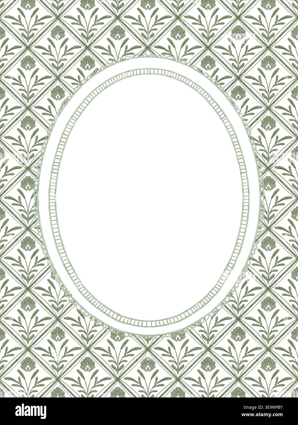 Handgemaltes Vintage-Aquarellmuster mit ovalem Rahmen und zeitlosem Blumenmuster. Dieser elegante Rahmen besticht durch komplizierte Details und klassische Ornamente Stockfoto