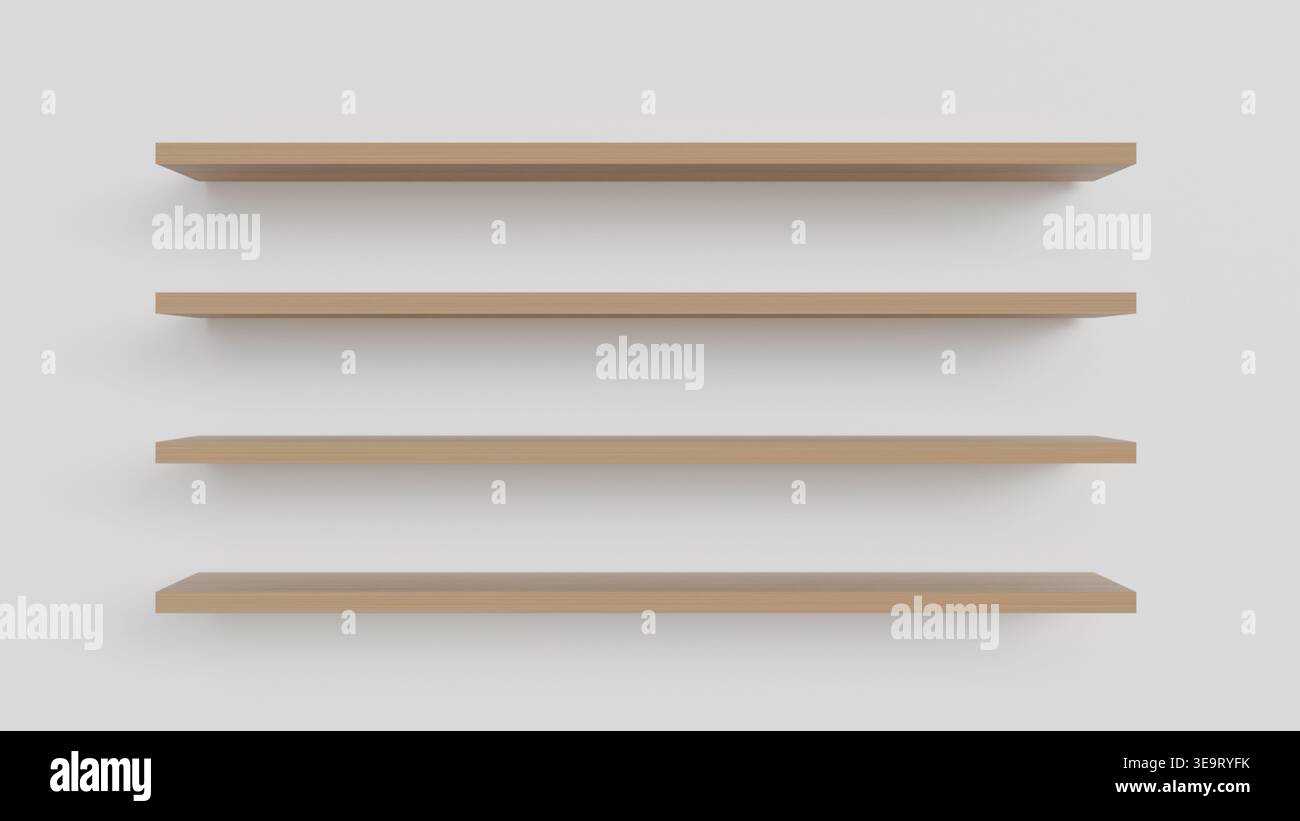 Vier leere Wandregale aus Holz vor hellem Hintergrund für Produktplatzierung, Innenarchitektur, Objektpräsentation und Mockups Stockfoto
