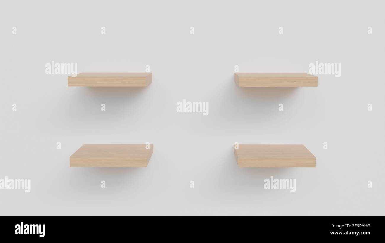 Vier leere Wandregale aus Holz vor hellem Hintergrund für Produktplatzierung, Innenarchitektur, Objektpräsentation und Mockups Stockfoto