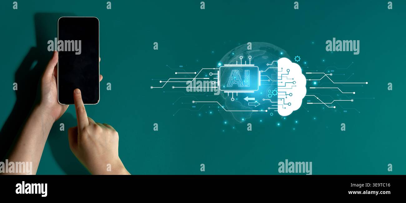 Das Konzept der künstlichen Intelligenz und des maschinellen Lernens. Ein zentraler Prozessor überträgt Informationen an ein Cloud-Gehirn, das ein globales neuronales Gehirn darstellt Stockfoto