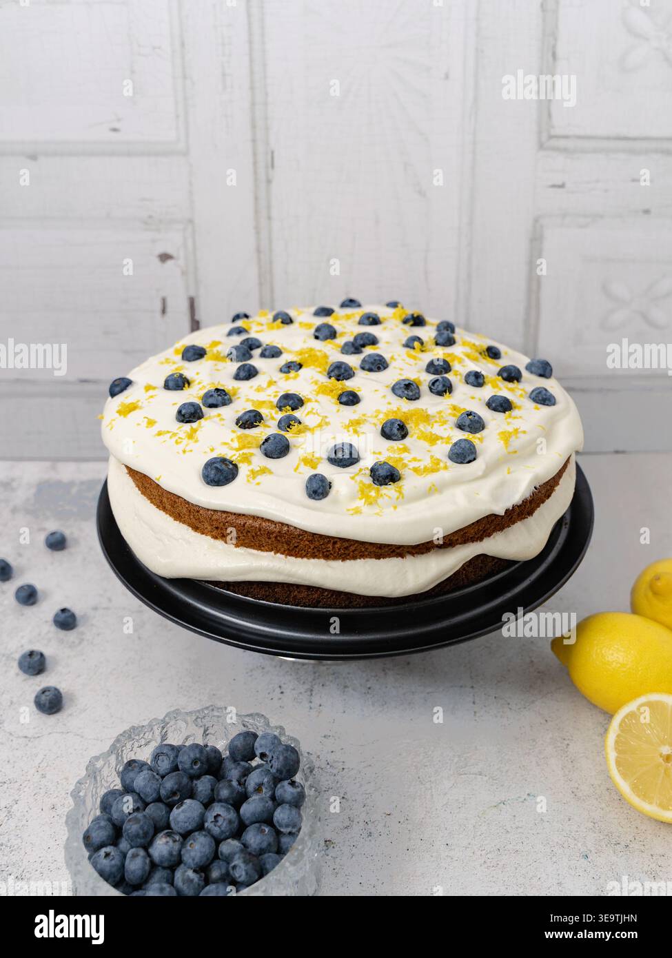 Blick von vorne auf dekorierten Kuchen mit Creme-Zuckerguss und Heidelbeeren mit frischem Obst Stockfoto