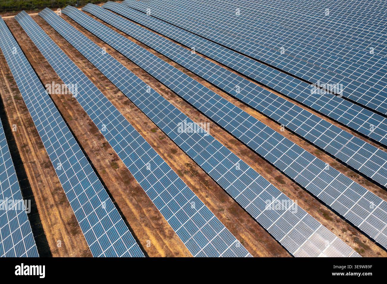 Drohnenansicht von Reihen von Solarpaneelen, die auf dem Boden installiert sind und erneuerbare Energie in einem modernen Solarpark erzeugen, der eine saubere, nachhaltige Stromerzeugung ermöglicht Stockfoto