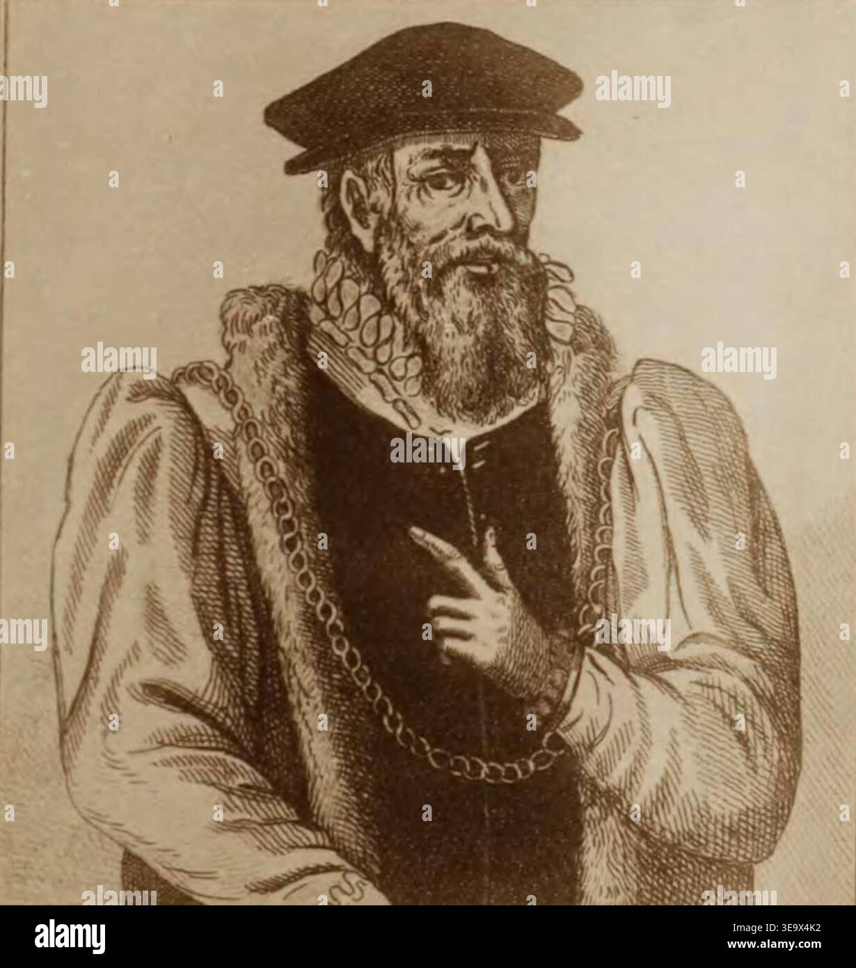 Sir Richard Saltonstall war ein englischer Adliger und der erste Mitarbeiter der Massachusetts Bay Colony. Dieses Archivbild aus Leverett Saltonstalls Familiengeschichte zeigt Sir Richard in einem abgeschnittenen Porträt, das seine Rolle bei der Gründung von Connecticut und sein edles Erbe hervorhebt, wie im Familienwappen dokumentiert. Stockfoto