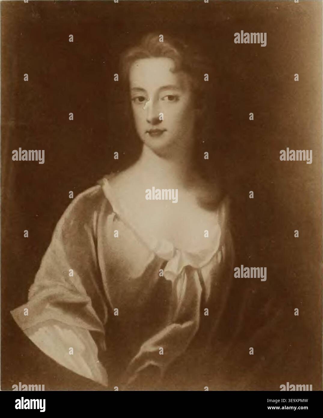 Silence Saltonstall (1634–1700) war eine Kolonialfigur, die Ehefrau von Richard Saltonstall, Mitglied der Massachusetts Bay Colony. Dieses Bild, das möglicherweise von Peter Lely gemalt wurde, ist eine abgeschnittene Vignette aus dem Buch über die Familie Saltonstall mit ihrem Wappen. Stockfoto