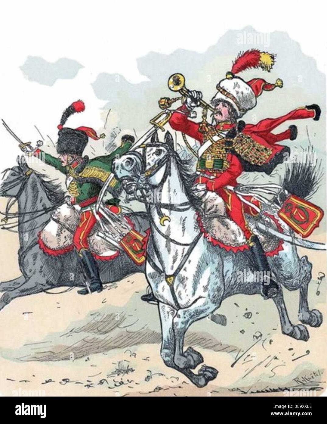 Richard Knötel (1857–1914) war ein bekannter deutscher Militärkünstler, der für seine Darstellung historischer Uniformen bekannt war. Diese Illustration, die vor 1914 erstellt wurde, zeigt einen Husaren und Trompetenspieler aus der Elite-Kompanie des 7. Husarenregiments im Jahr 1807. Knötels Werke sind ein bedeutender visueller Nachweis europäischer Militärkleidung im 18. Und 19. Jahrhundert. Stockfoto