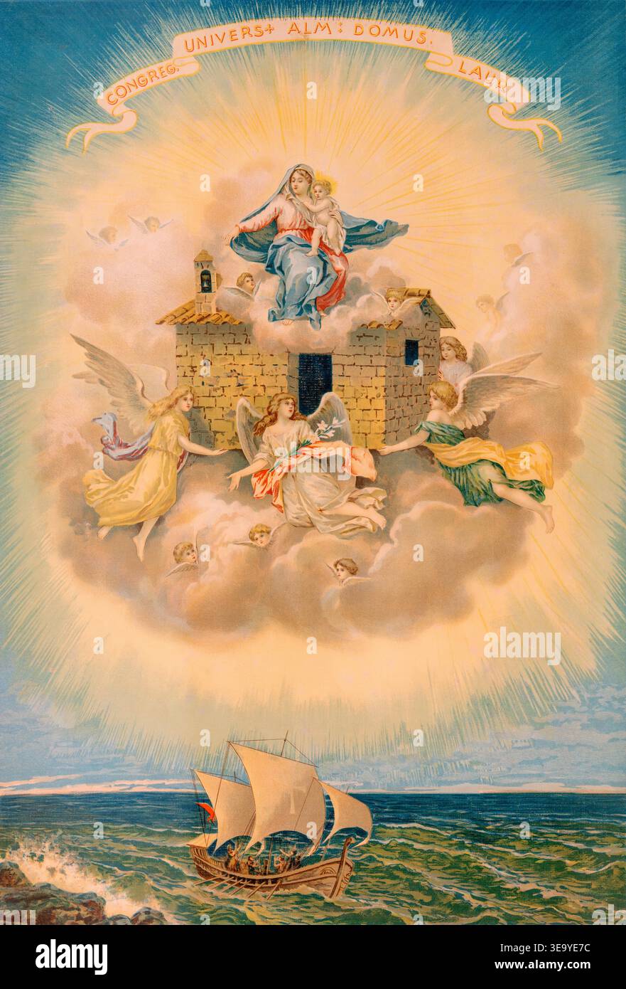 VERCELLI, ITALIEN – 16. JANUAR 2026: Die alten Engel tragen das Nazareth-Haus der Heiligen Familie (Loretto-Haus) in der Kirche Cattedrale Stockfoto