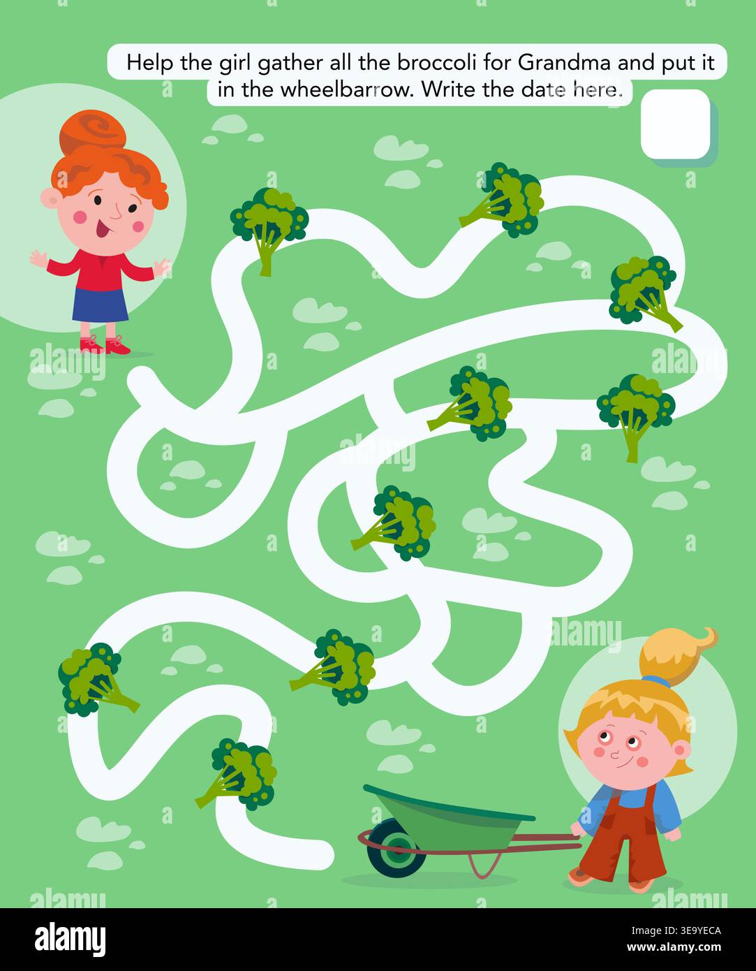 Kinder lehrreiches Vektor-Labyrinth mit Gartenweg mit Brokkoli und süßen Charakteren. Interaktives Spielziel ist das Sammeln von Gemüse für Stock Vektor