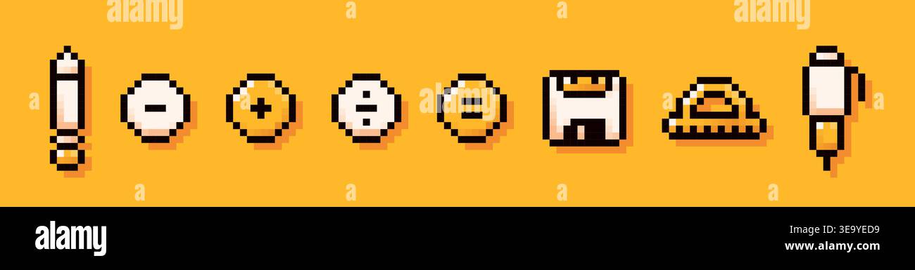 Back to School Pixel Art Gelb Elemente. Stift, Bleistift, Diskette, mathematische Symbole, Lineal einfache Details. Stock Vektor
