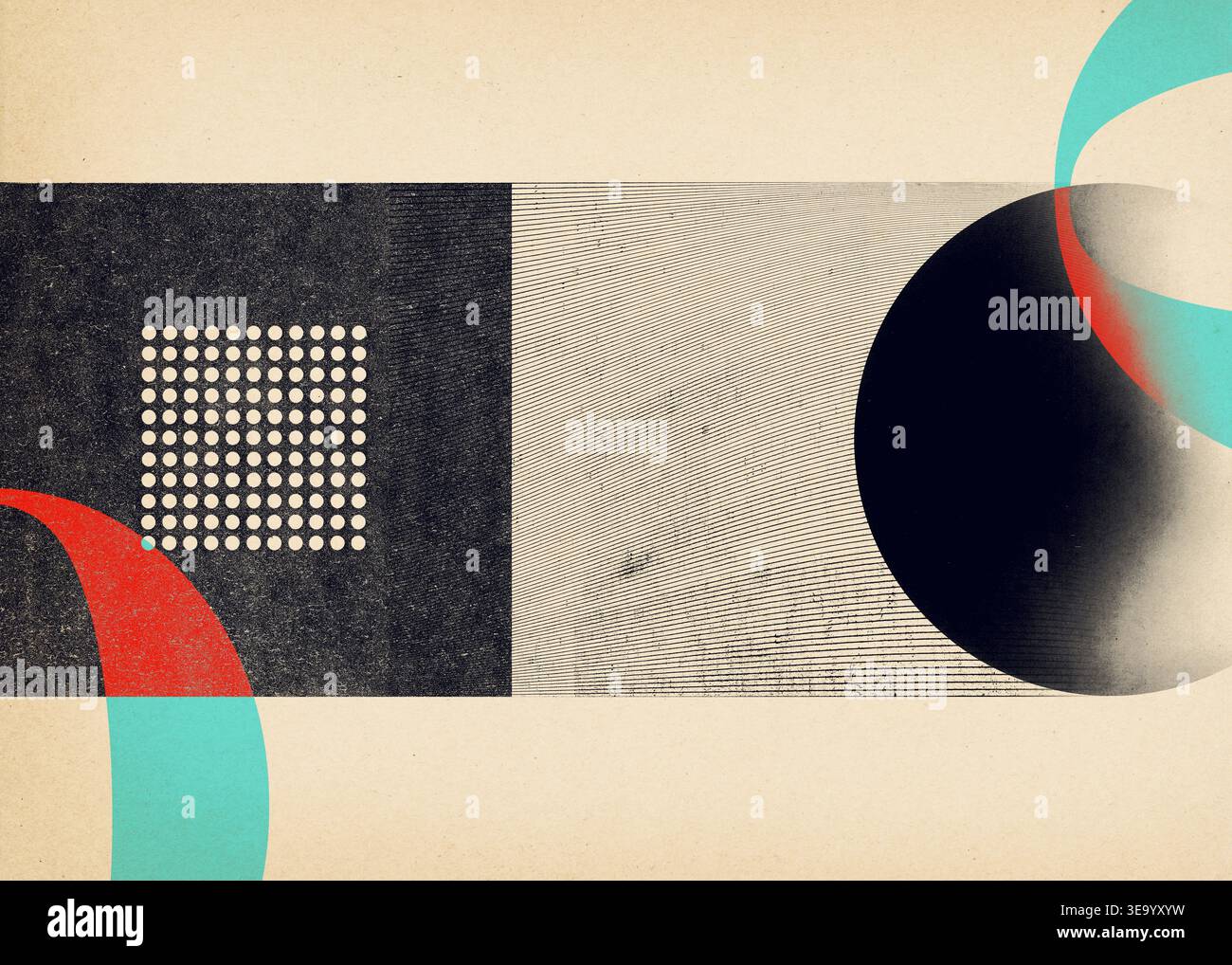 Abstrakte geometrische Collage im modernen Vintage-Stil der Mitte des Jahrhunderts. Mit Bauhaus-inspirierten Formen, genarbten Texturen, Punkten und welligen Linien auf einem beigen PA Stockfoto