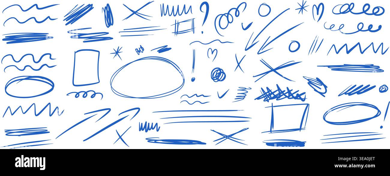 Handgezeichnete, unordentliche Schulkritzeleien mit blauem Stift. Abstrakte Kritzeleien, naive Kratzer gesetzt. Text hebt Linien, Kreise, Unterstriche und Verwackelung hervor. Vektorstift Stock Vektor
