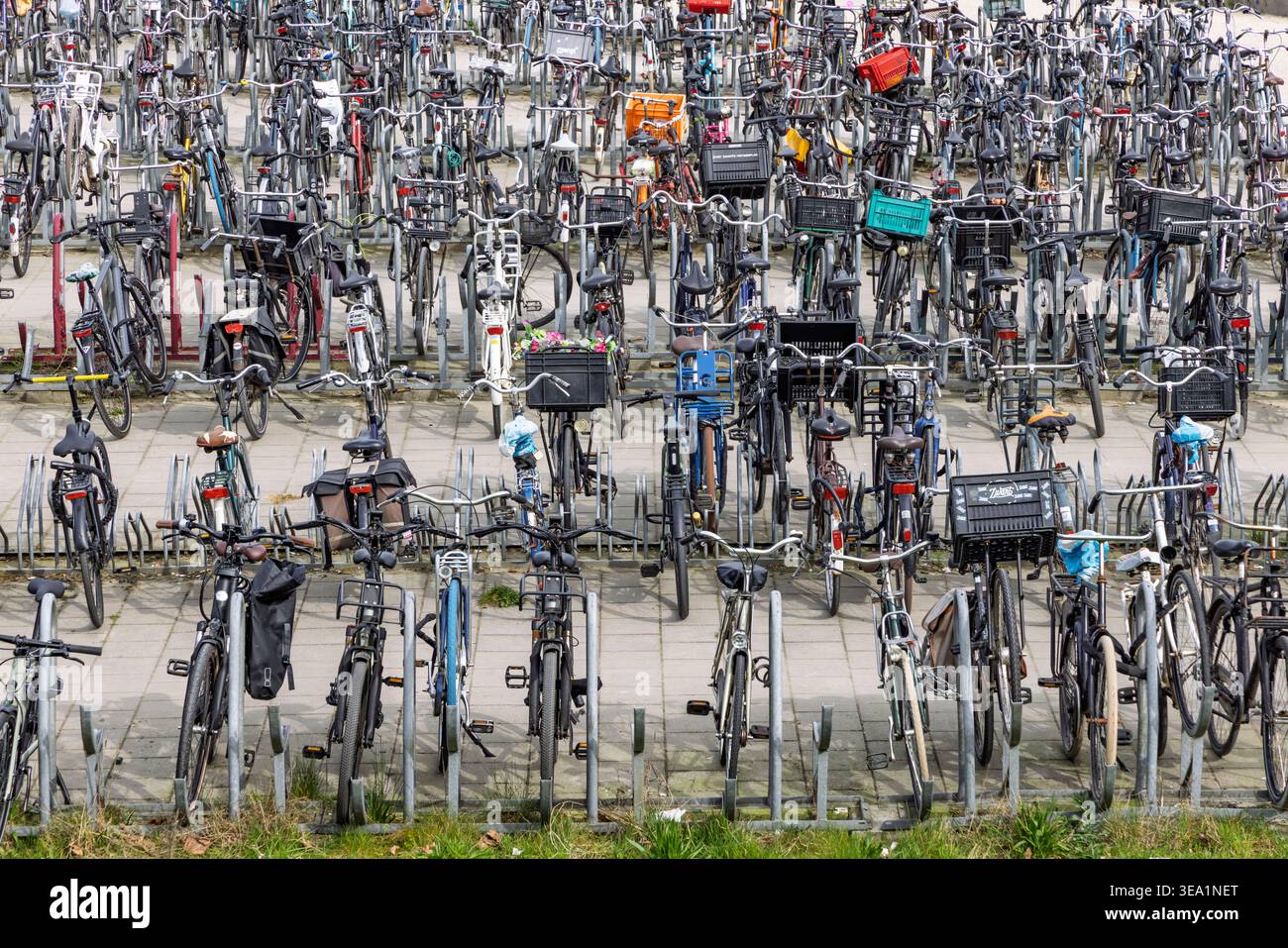 Amsterdam, Niederlande - 11. April 2026: Eine organisierte Anordnung von verschiedenen Fahrrädern, die in Metallregalen am Bahnhof Sloterdijk geparkt sind Stockfoto
