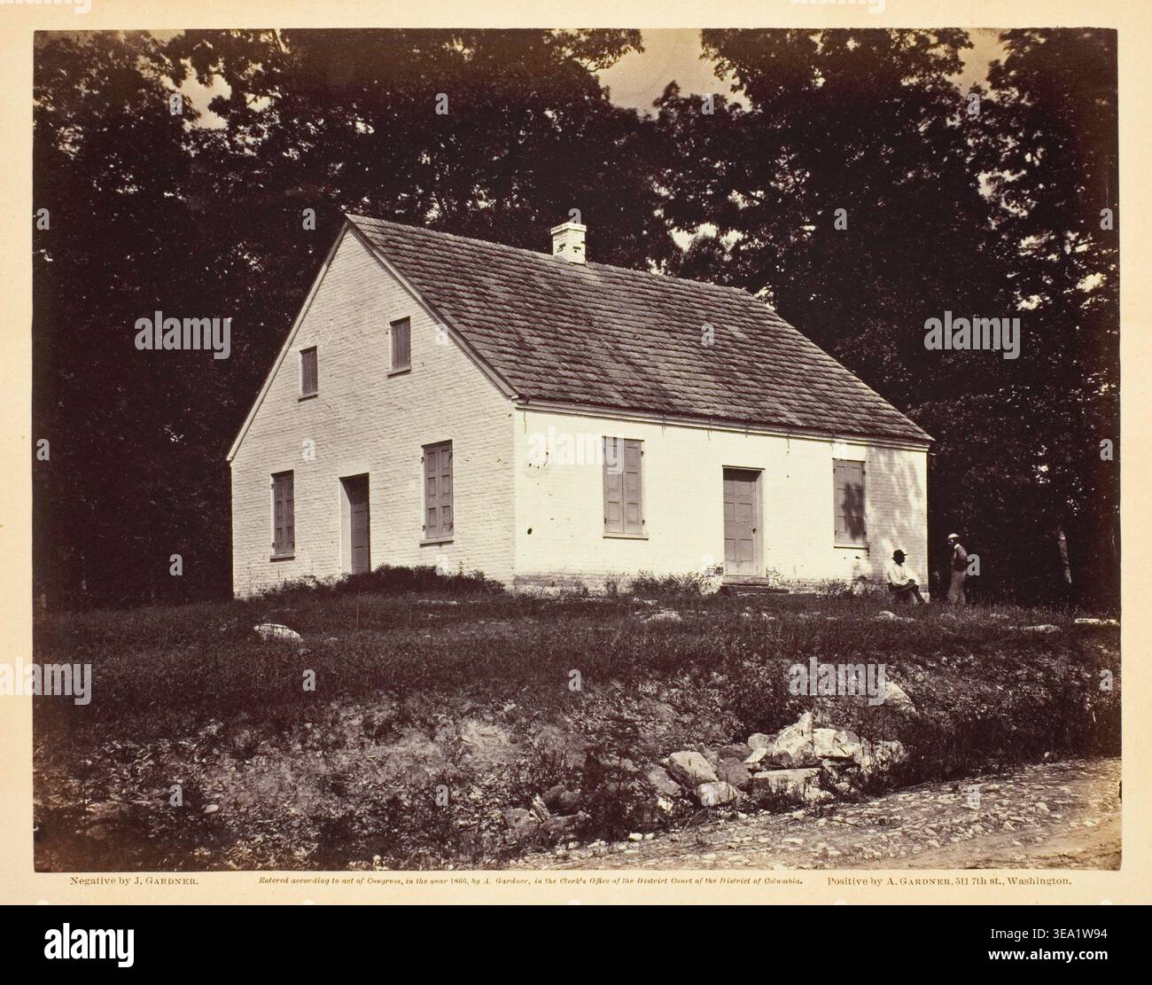 Dunker Church, Battle-Field of Antietam, Maryland von James Gardner, Juli 1863, weiß getünchte Backsteinkapelle mit geneigtem Dach, umgeben von dichten Wäldern in der Nähe des Schlachtfeldes des des Bürgerkriegs Stockfoto